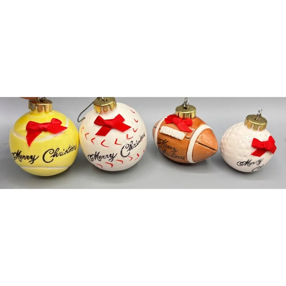 Vtg 4 Pc Sports Themed Christmas Ornaments Tennis Football Golf Baseball Ceramic